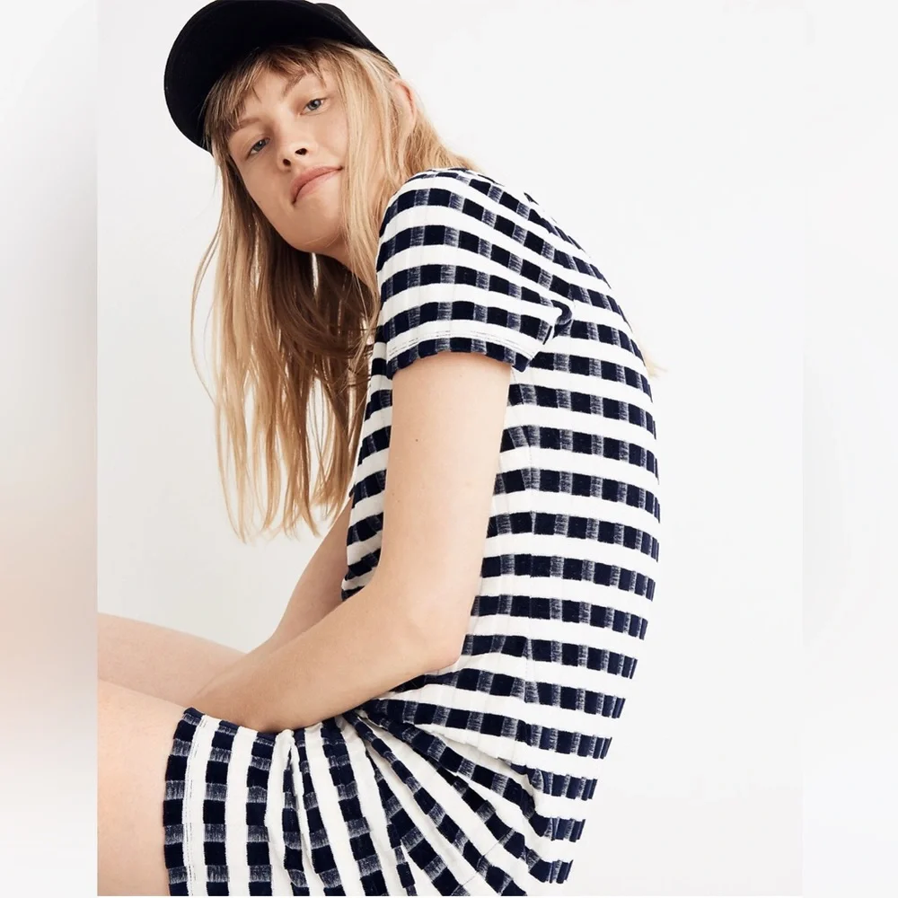 Madewell Texture & Thread Velvet Striped Tee Dress blue white - Picture 2 of 7